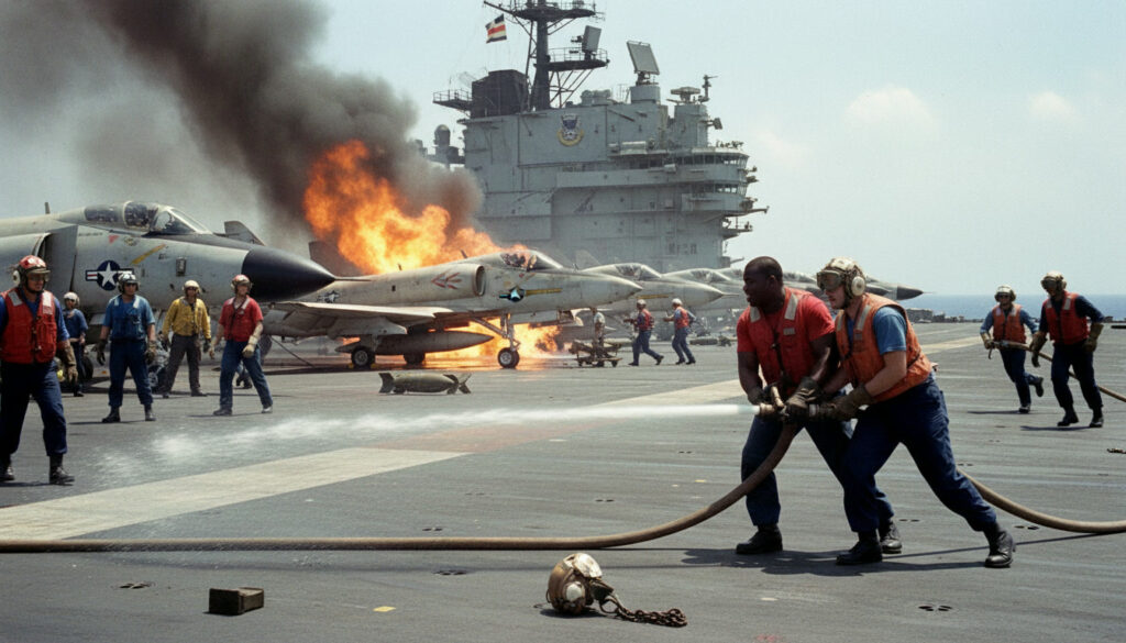 USS Forrestal Fire. A catastrophic fire aboard the aircraft carrier USS Forrestal off Vietnam killed 134 sailors and injured 161