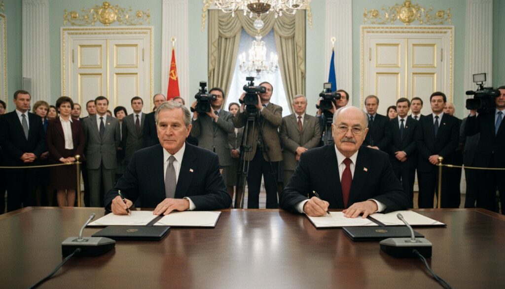 START I Treaty Signed. Presidents George H. W. Bush and Mikhail Gorbachev signed a landmark agreement reducing American and Soviet strategic nuclear arsenals