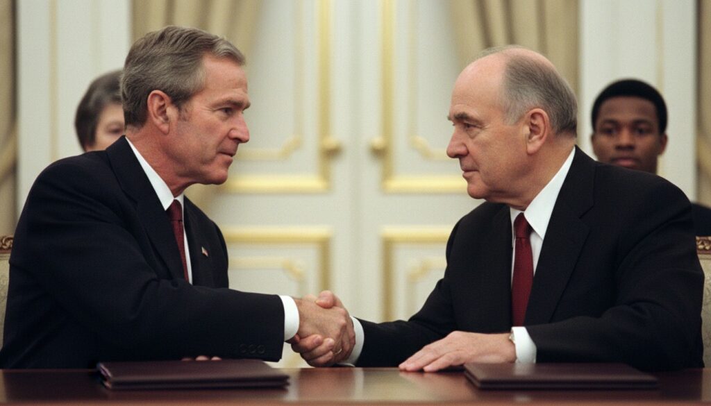 START I Treaty Signed. Presidents George H. W. Bush and Mikhail Gorbachev signed a landmark agreement reducing American and Soviet strategic nuclear arsenals — detail