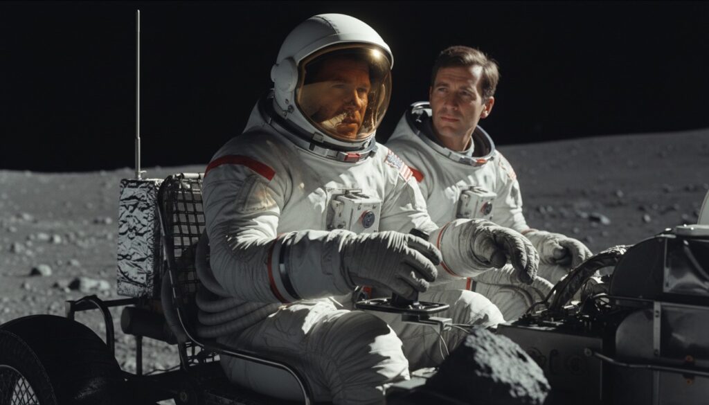 First Lunar Rover Used. Apollo 15 astronauts David Scott and James Irwin became the first people to drive a vehicle on the Moon — detail
