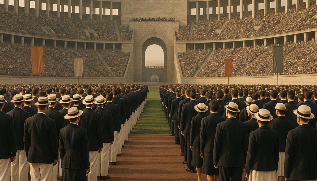 Berlin Summer Olympics Open. Adolf Hitler opened the Olympic Games in Berlin, which Nazi Germany used as an international propaganda showcase — detail