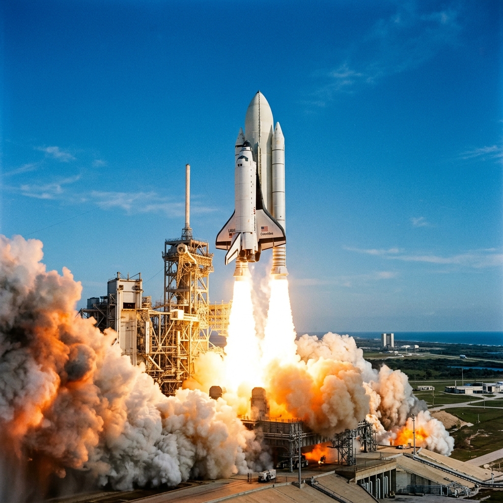 First Space Shuttle Flight (STS-1) Launches