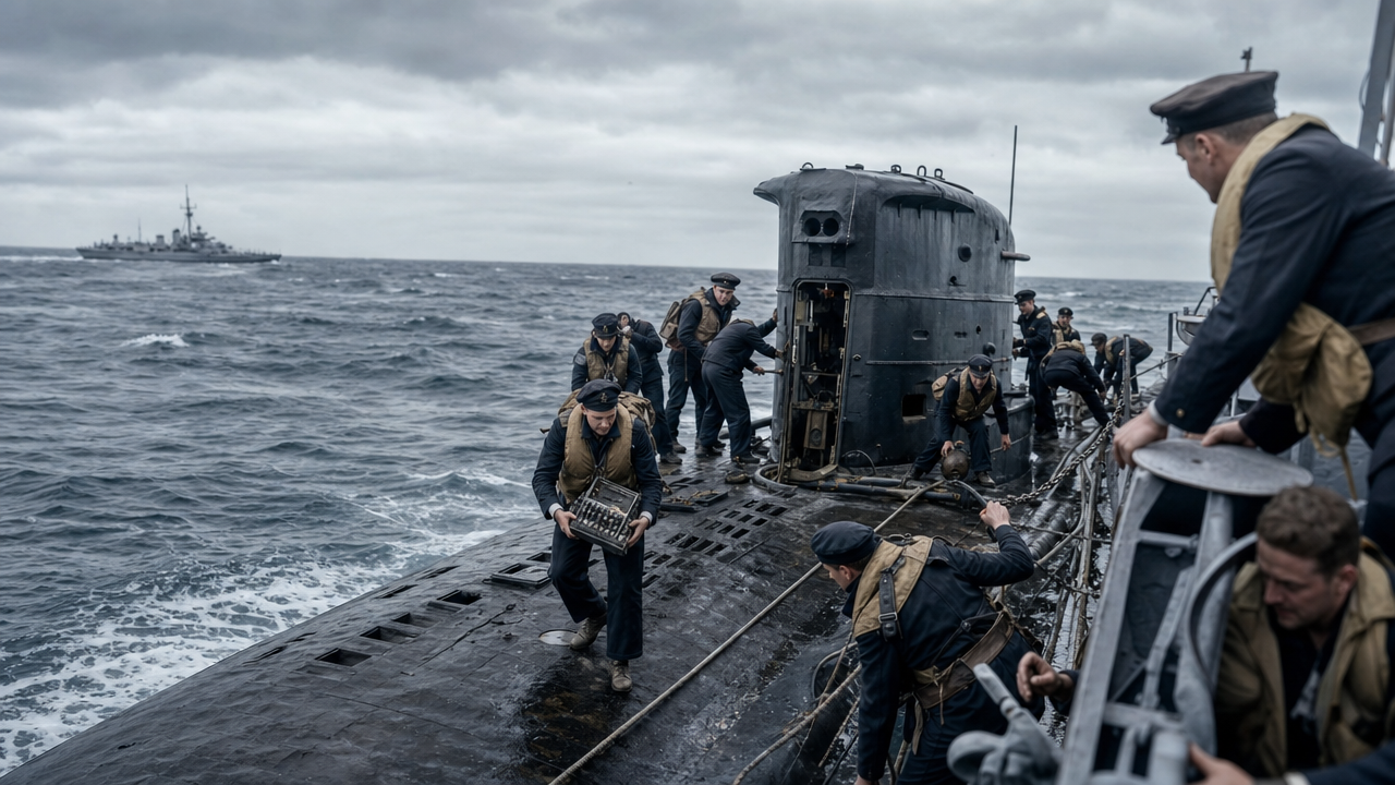 1941 – British forces capture German U-boat U-110 and an Enigma machine. — detail