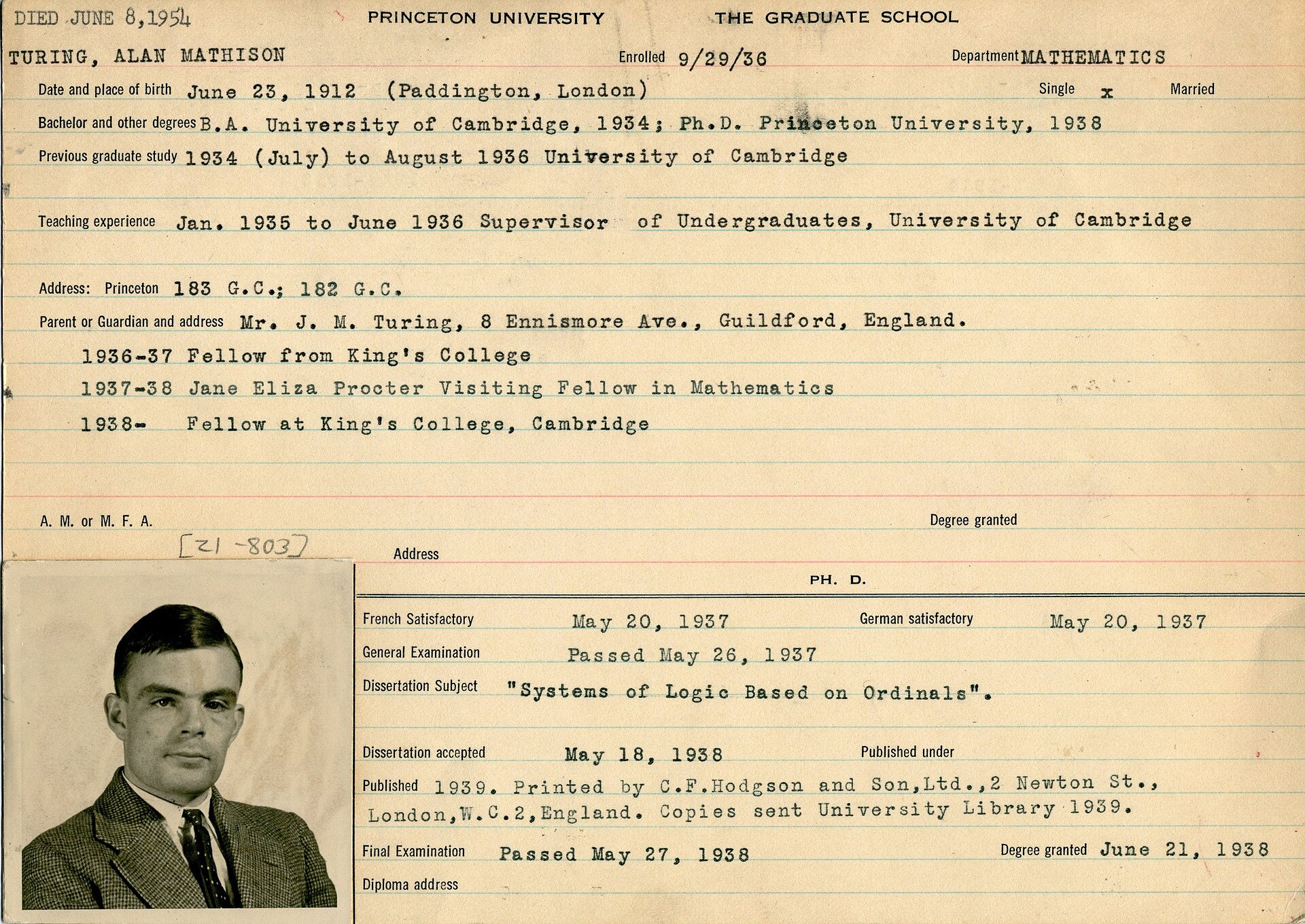 Alan Turing submits 'On Computable Numbers'